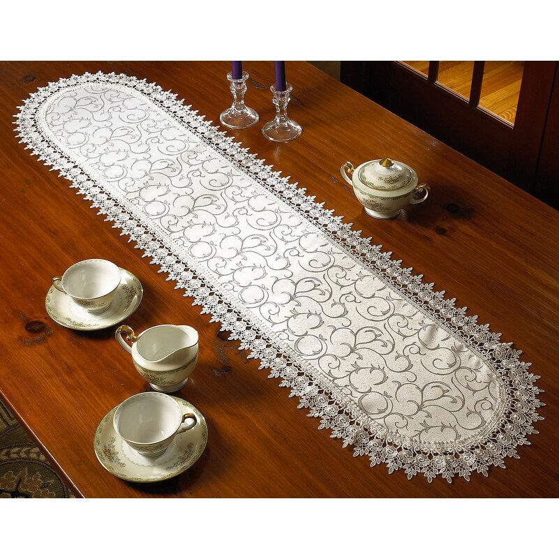 Violet Linen Flower Bow Embroidered Lace Vintage Pattern Table Runner