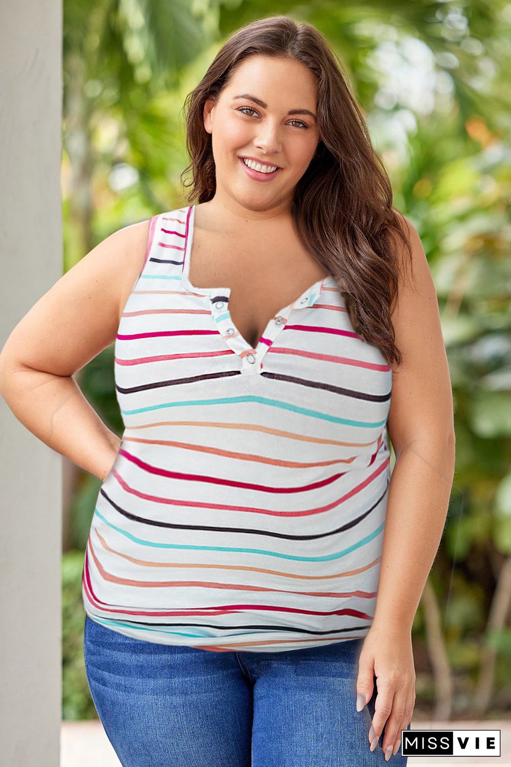 White Colorful Striped Henley Button Plus Size Tank Top