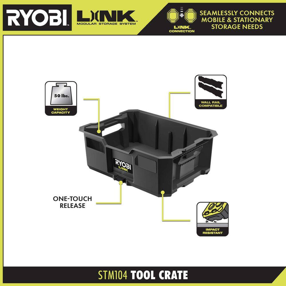 RYOBI LINK Tool Crate with LINK 7-Piece Wall Storage Kit and LINK Wall Rails (2-Pack) STM104-STM503K-STM504