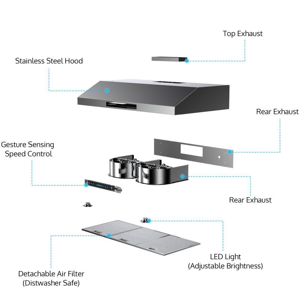 HisoHu 3575 in 900 CFM Ducted Under Cabinet Range Hood in Stainless Steel With LED Lights and Remote Control