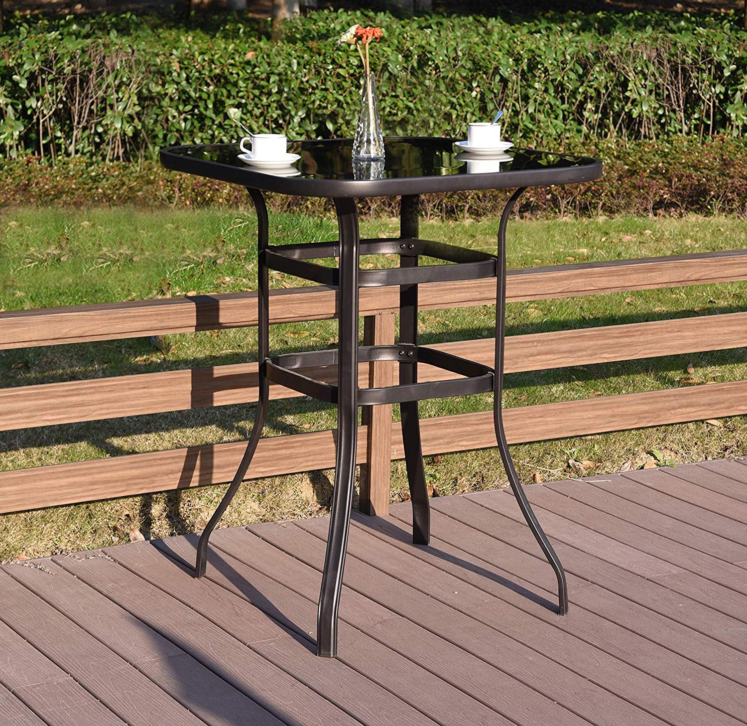 UBesGoo Outdoor 3 Piece Bar Set，Brown Iron Frame Swivel Bar Chairs and Table