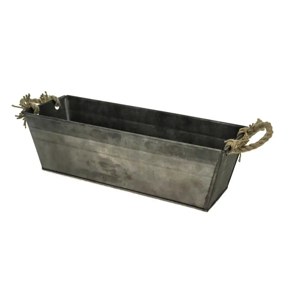 Rustic Rectangle Galvanized Zinc Metal Plant Flower Planter Pot with Rope Handle