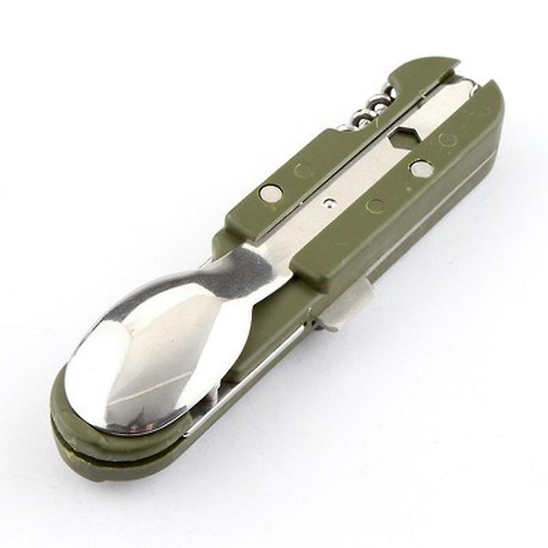 Army Green Folding Portable Stainless Steel Camping Picnic Cutlery Knife Fork Spoon Bottle Opener Flatware Tableware Travel Kit