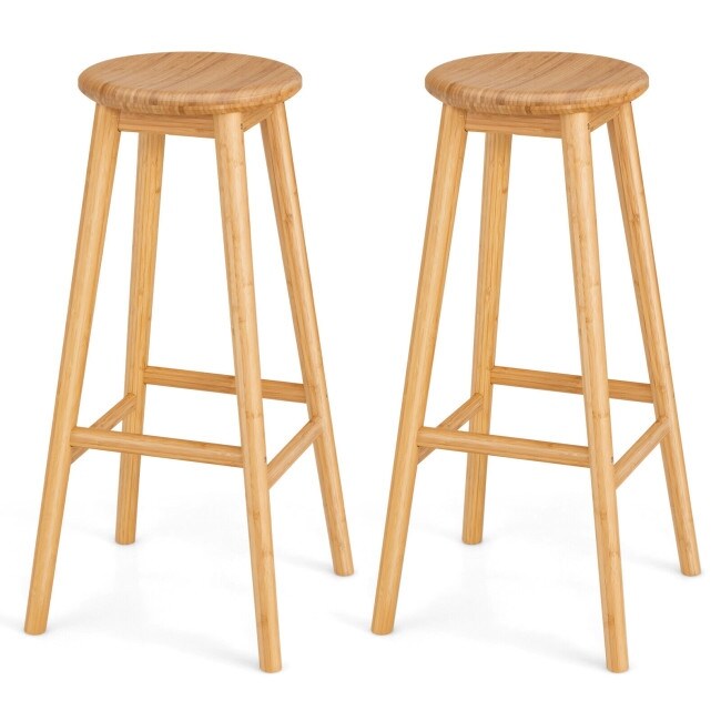 Set of 2 Bamboo Backless Pub Barstools with Round Seat and Footrest-Natural - 15