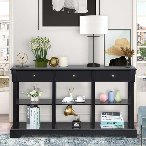 Console Table with Open Shelves and 3 Drawers for Living Room