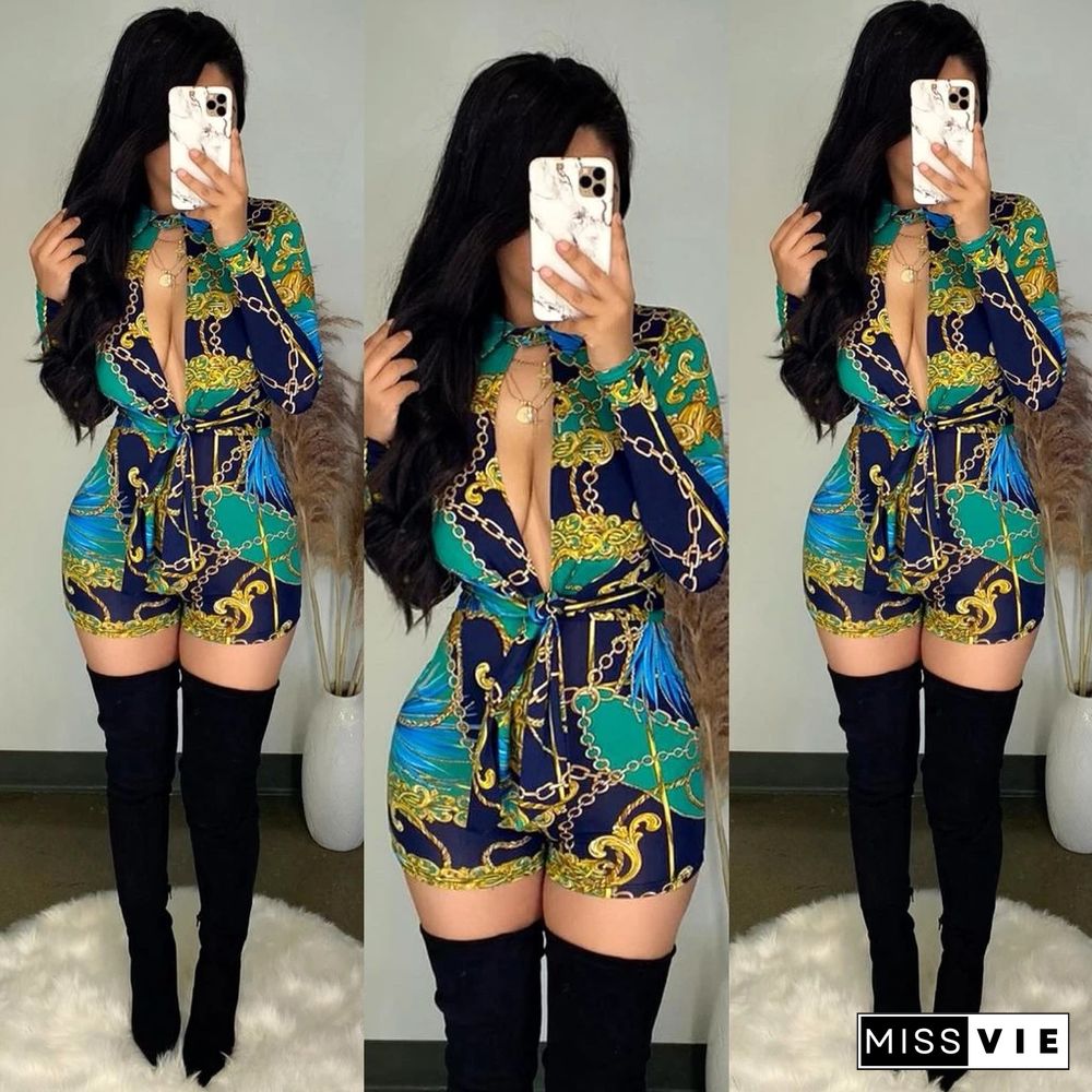 Women Mixed Print Long Sleeve High Waist Bodycon Rompers