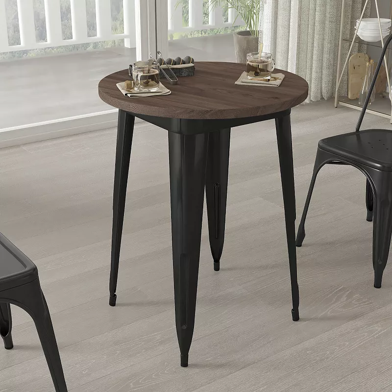 Merrick Lane 24 Round Metal Indoor Table with Black Galvanized Steel Frame and Walnut Rustic Wood Top