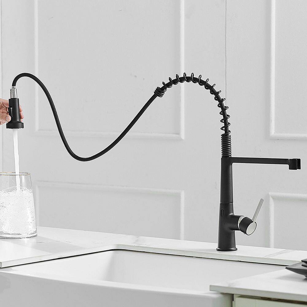 matrix decor Single Handle Touchless Deck Mount Gooseneck Pull Down Sprayer Kitchen Faucet with Handles in Black MD-ALIS1270BPR