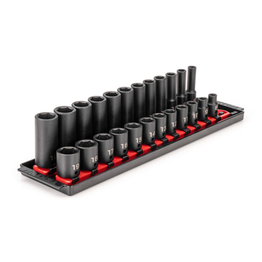 TEKTON 38 in. Drive 6-Point Impact Socket Set with Rails (8 mm-19 mm) (24-Piece) SID91209