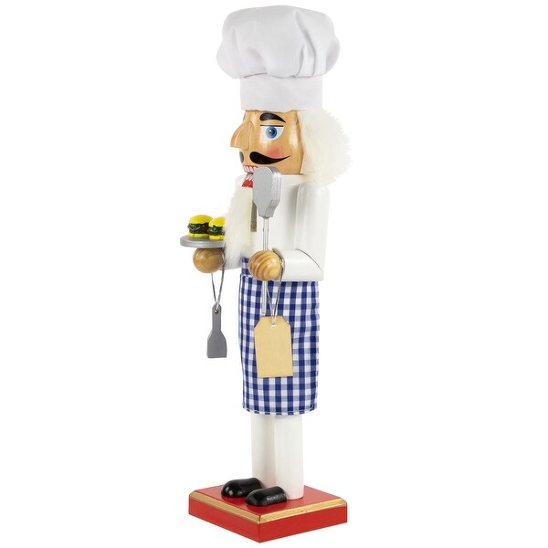 14 White and Blue Chef with Gingham Apron Wooden Christmas Nutcracker