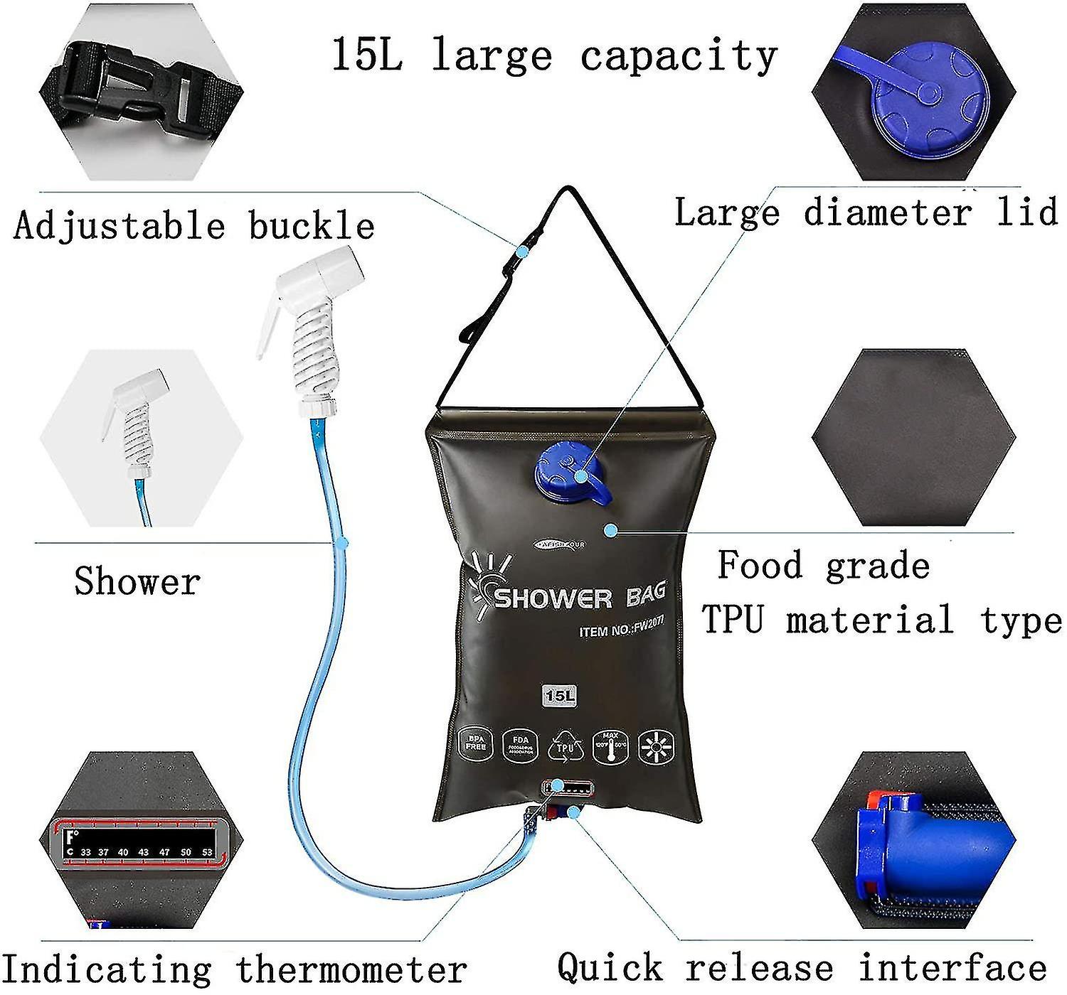 Solar Shower Bag， Water Bag， Outdoor Bath Bag， Bath Bag， 15l Capacity With Shower