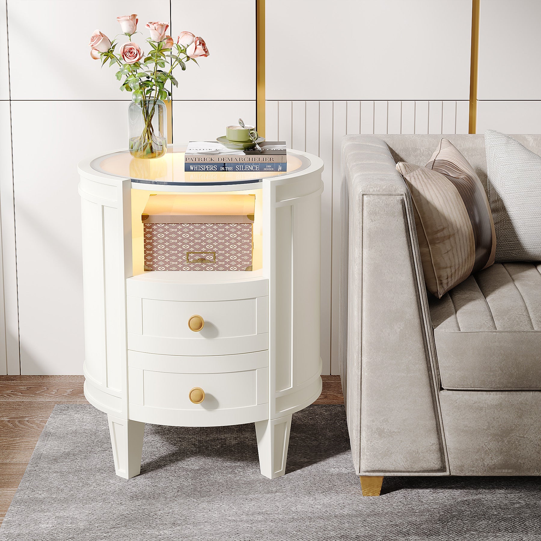 2-Drawer Nightstand with LED Light, Modern Side Table with Glass Tabletop