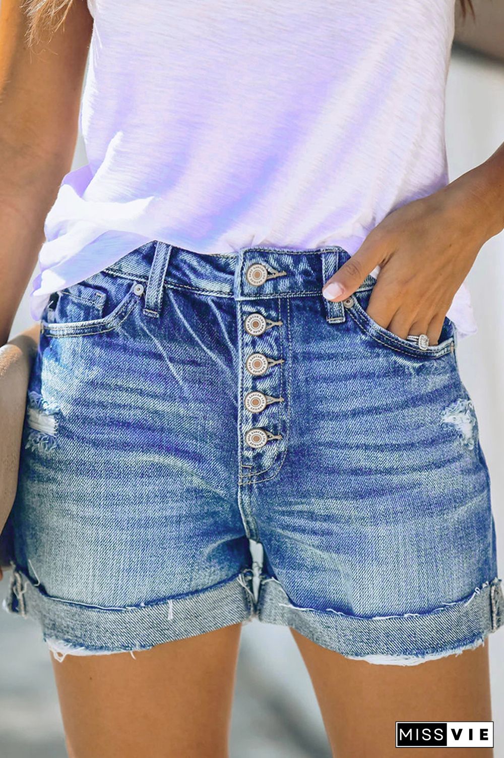 Light Blue High Waist Hemming Jeans Shorts Wholesale