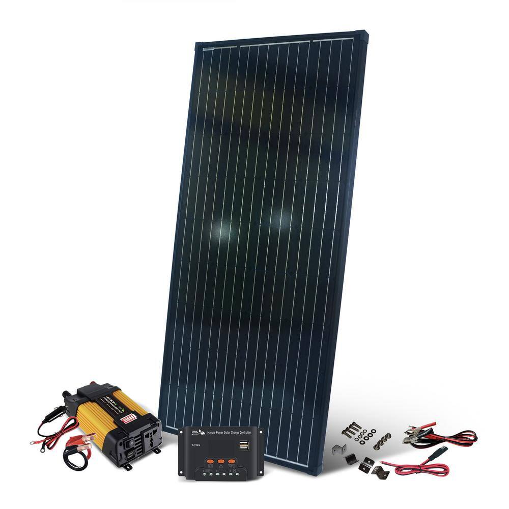 NATURE POWER 200-Watt 12-Volt Monocrystalline Complete Solar Panel Kit with 12-Volt Charge Controller and 400-Watt Inverter 50201