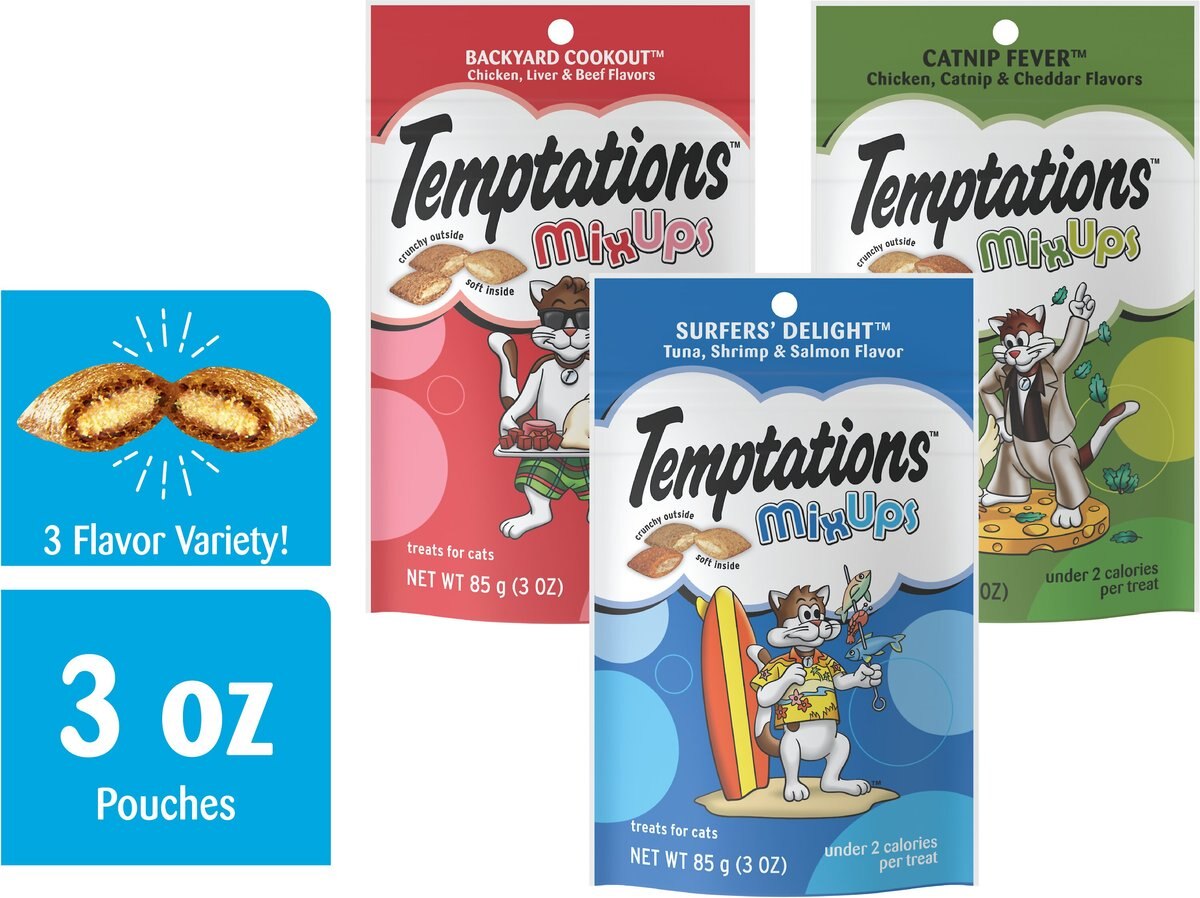 Temptations MixUps Variety Pack Soft and Crunchy Cat Treats， 3-oz bag， case of 6