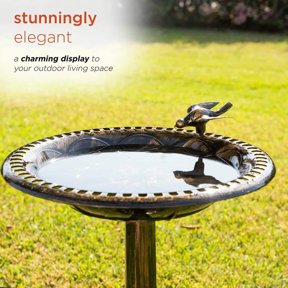 Alpine Corporation 27 in. Tall Outdoor Antique Style Bronze Birdbath Bowl with Bird Figurine TEC294BZ