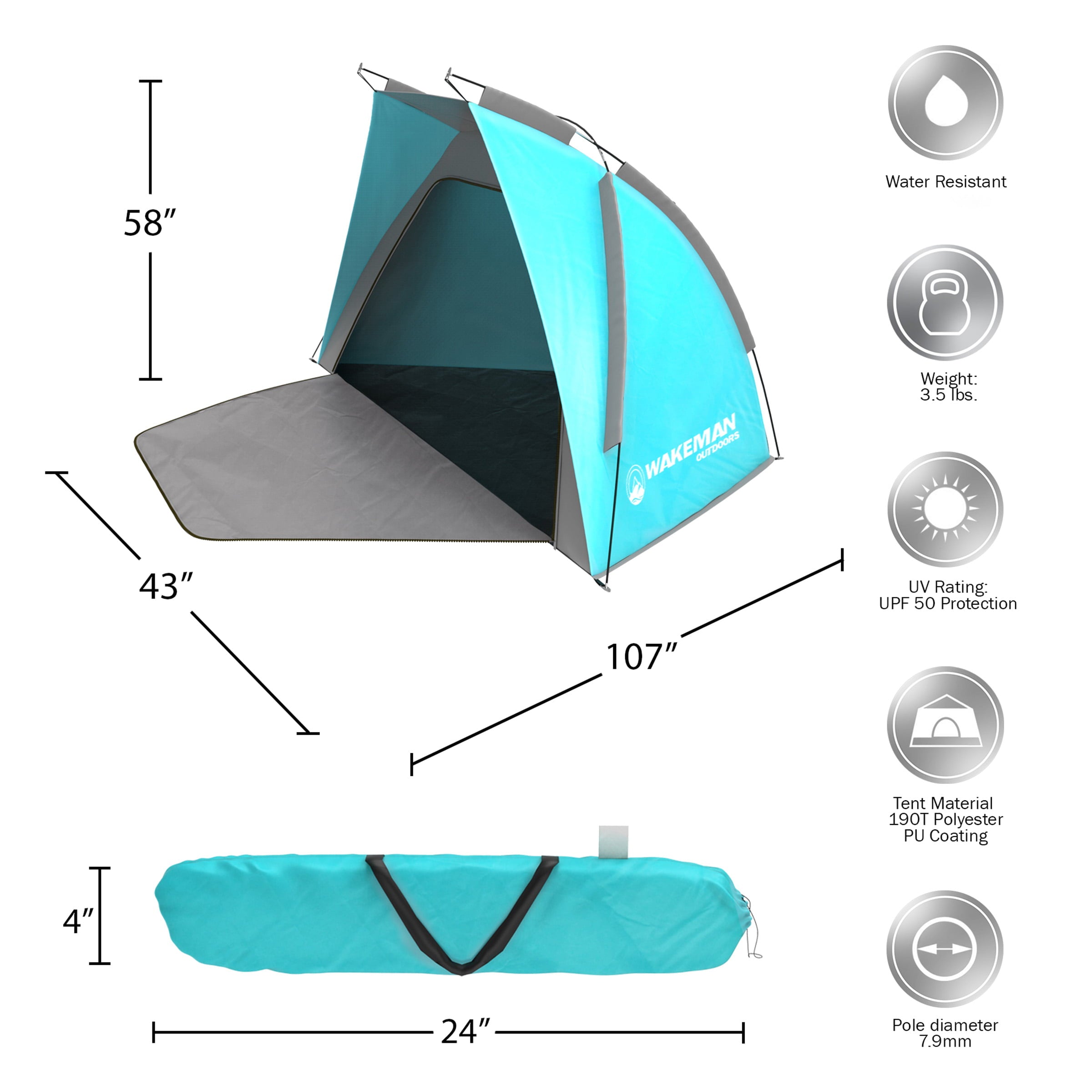 Beach Tent Sun Shelter- Sport Umbrella， UV Protection， Zip Up Porch for Privacy and Carry Bag- Shade for Families， Kids and Baby by Wakeman Outdoors