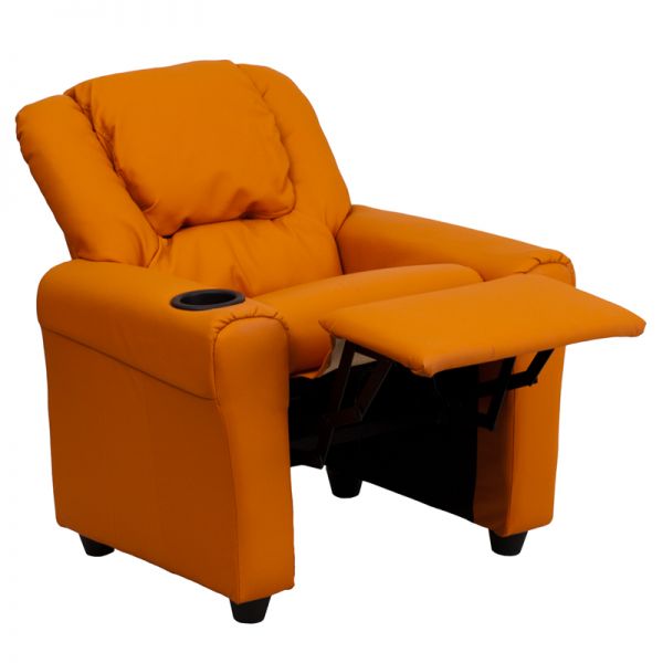 Vana Contemporary Orange Vinyl Kids Recliner with Cup Holder and Headrest