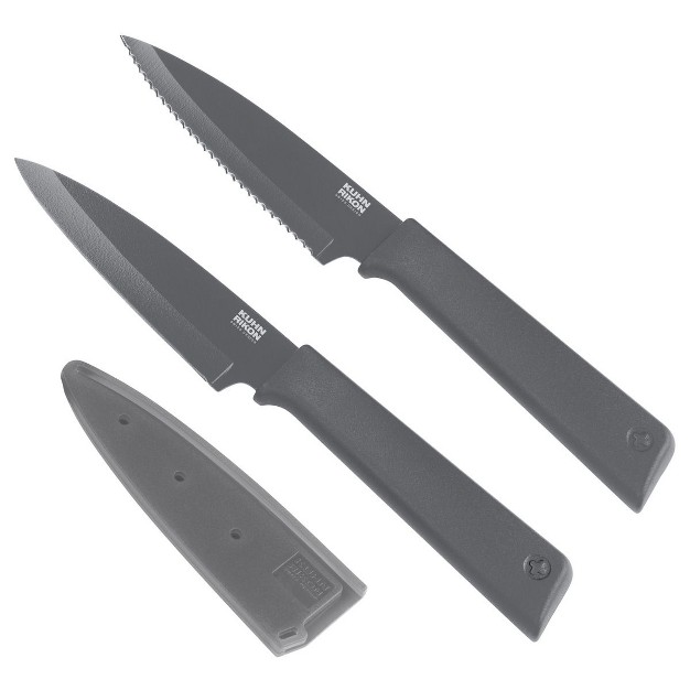 Kuhn Rikon Colori Non stick Straight amp Serrated Paring Knife Set Graphite Grey