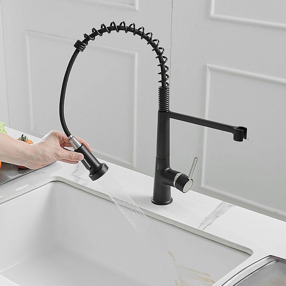 matrix decor Single Handle Touchless Deck Mount Gooseneck Pull Down Sprayer Kitchen Faucet with Handles in Black MD-ALIS1270BPR