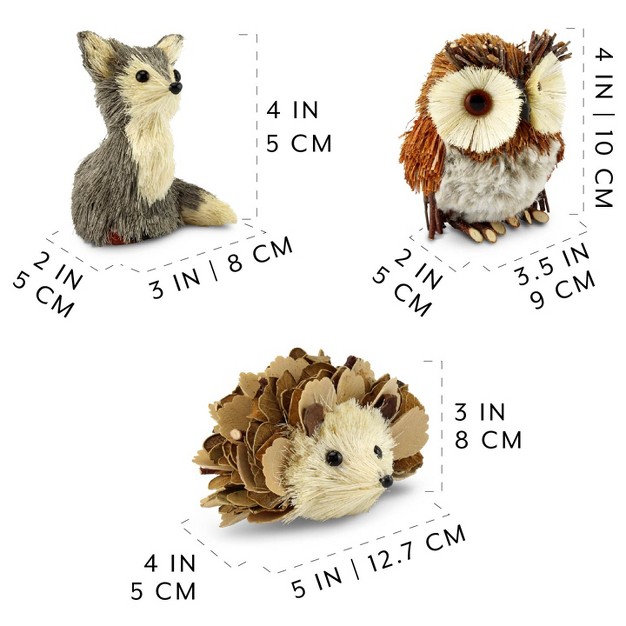 Auldhome Design Woodland Friends Figurines 3pc Set Fox owl hedgehog Forest Animals Decor For Fall Christmas Winter And Themed Decor Or Parties