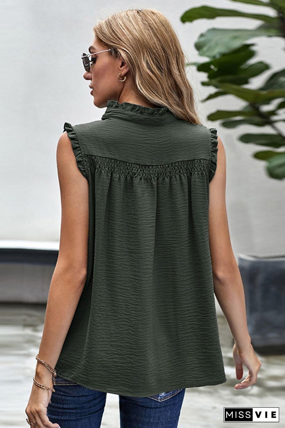 Green Frilled Tank Top with Buttons