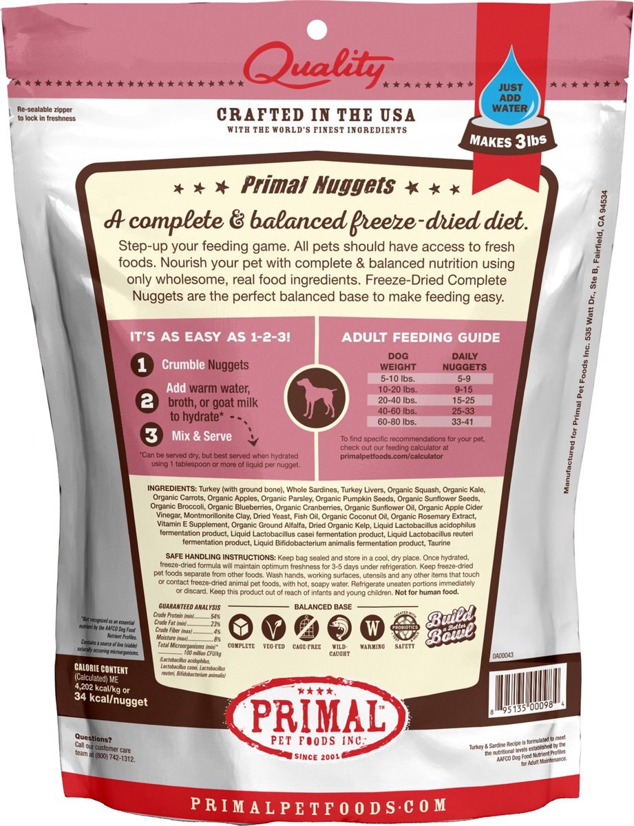 Primal Turkey and Sardine Formula Nuggets Grain-Free Raw Freeze-Dried Dog Food