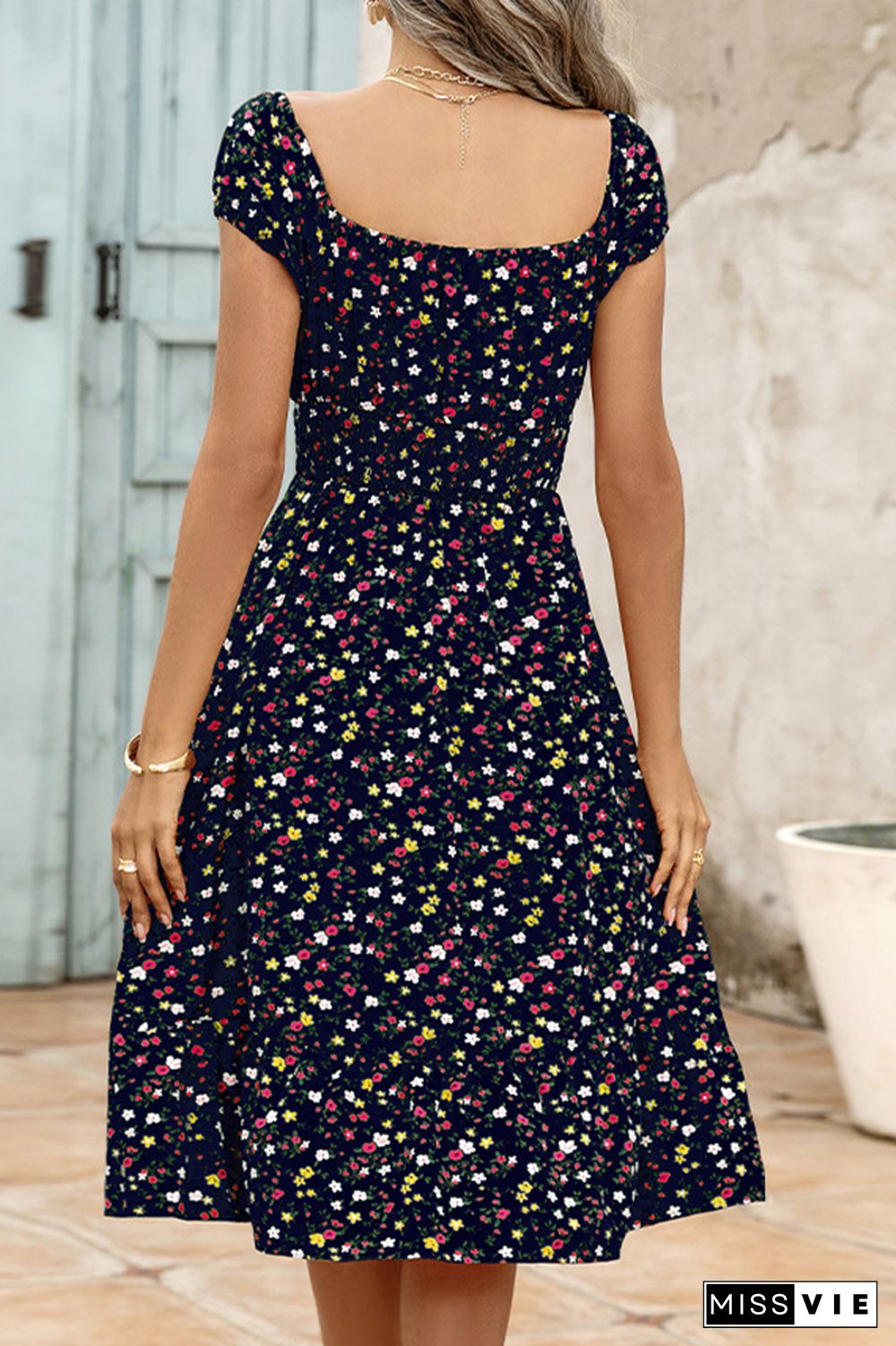 Square Collar Floral Print Loose Midi Dress Wholesale