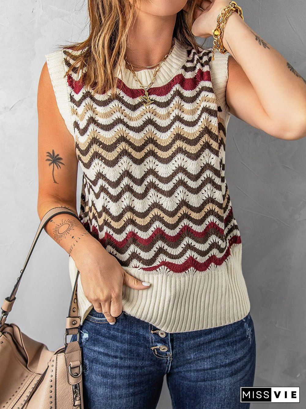 Women'S Tank Tops Wavy Stripe Crewneck Knit Tank Top