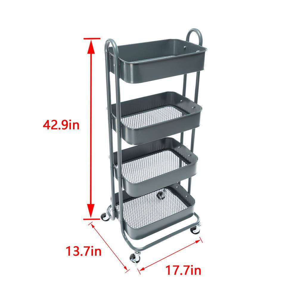 Huluwat 4-Tier Metal 4-Wheeled Shelves Storage Utility Cart in Gray RY-TC-USBO4513