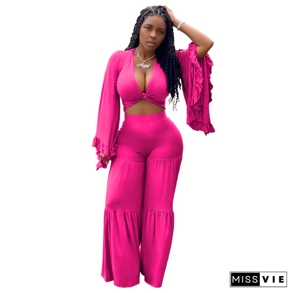 Solid Low Cut Crop Top Wide Leg Pants Set