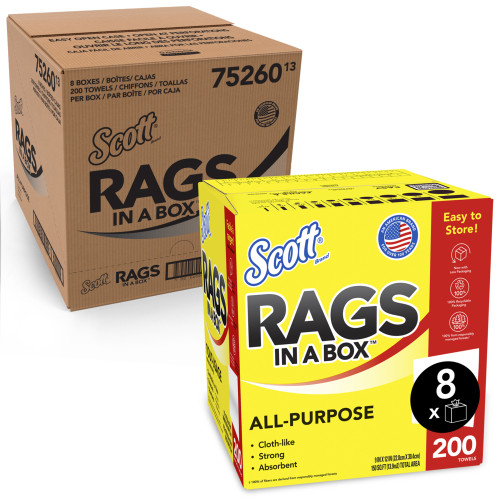 Scott Rags in a Box， POP-UP Box， 10 x 12， White， 200/Box， 8 Boxes/Carton (75260CT)