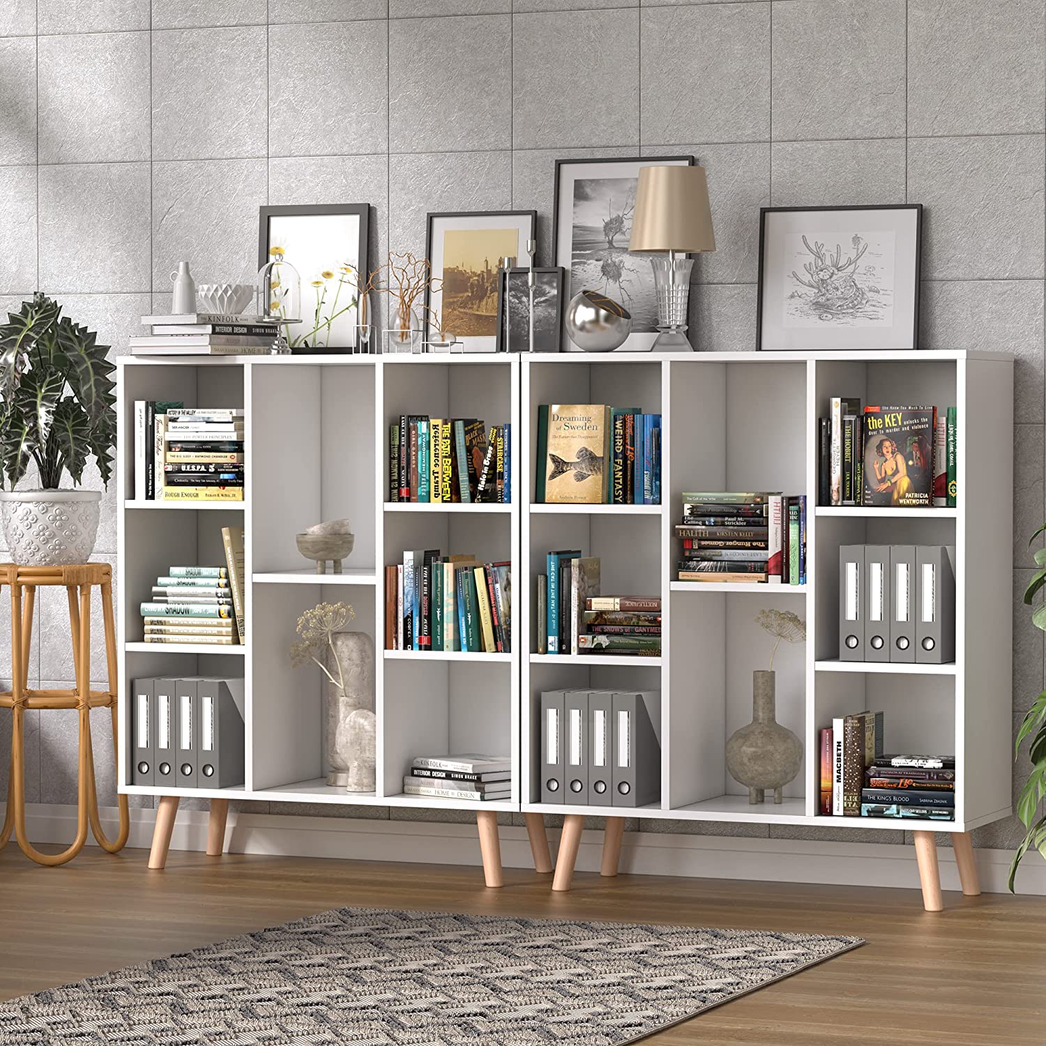 Small Freestanding Bookshelf 8 Storages Wood Book Shelves with Anti-Tilt Device for Bedroom, Office, Living Room