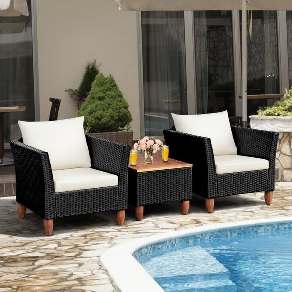 3 Pcs Outdoor Patio Rattan Furniture Set Wooden Table Top Cushioned Sofa - 29