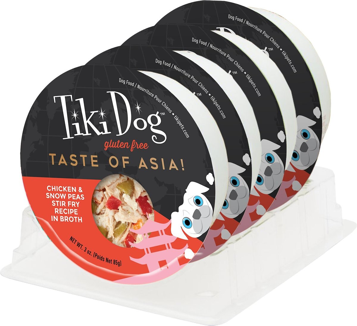 Tiki Dog Taste of Asia Chicken and Snow Peas Stir Fry Recipe in Broth Gluten-Free Wet Dog Food， 3-oz cup， case of 4