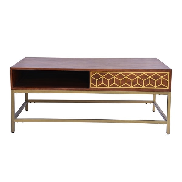 Kalyn 43 Inch Acacia Wood Coffee Table， Geometric Design Print， 1 Open Compartment， Natural Brown， Brass