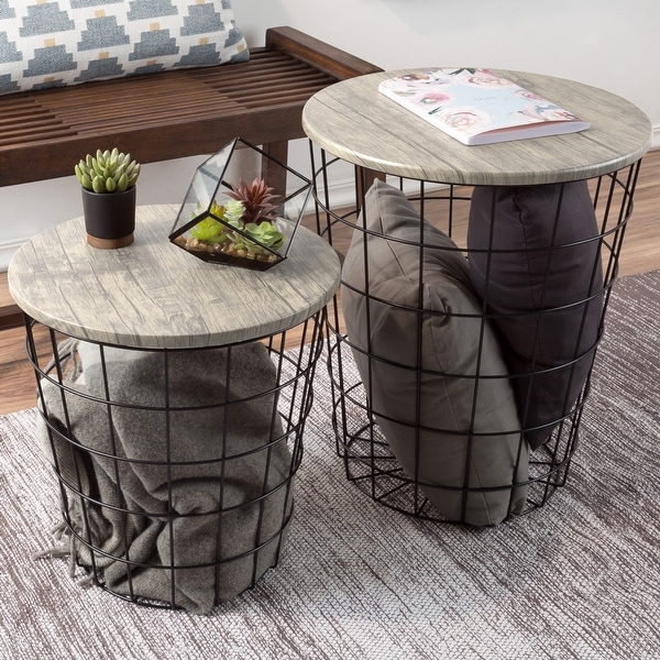 Nesting End Table with Storage - Set of 2 Convertible Round Metal Storage Basket Base with Veneer Top Accent Side Table (Gray)