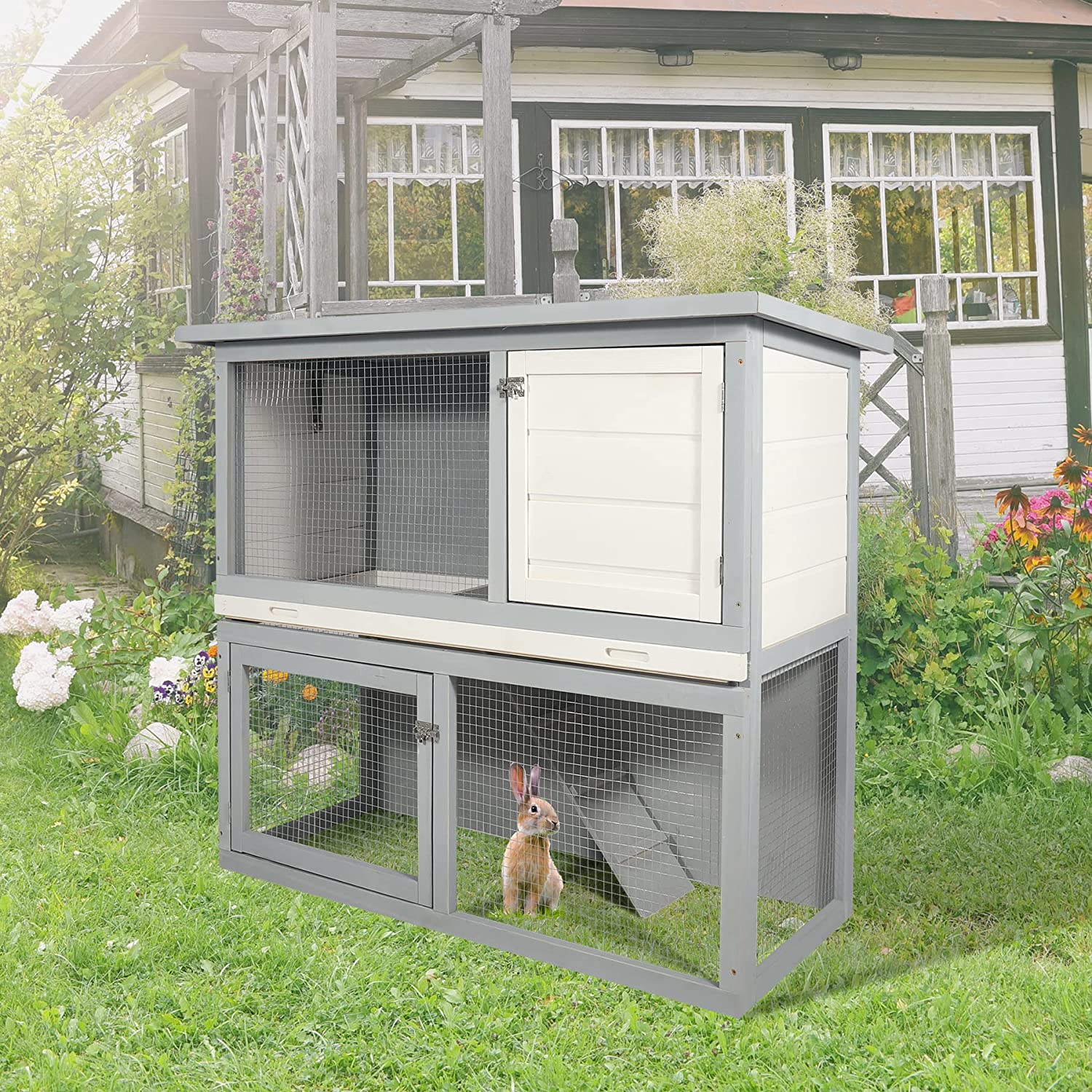 Lineslife Large Rabbit Hutch Without Wire Bottom for Outdoor， 48'' Weatherproof 2 Story Bunny Cage for 2~4 Rabbits with Pull Out Tray and Run， Grey