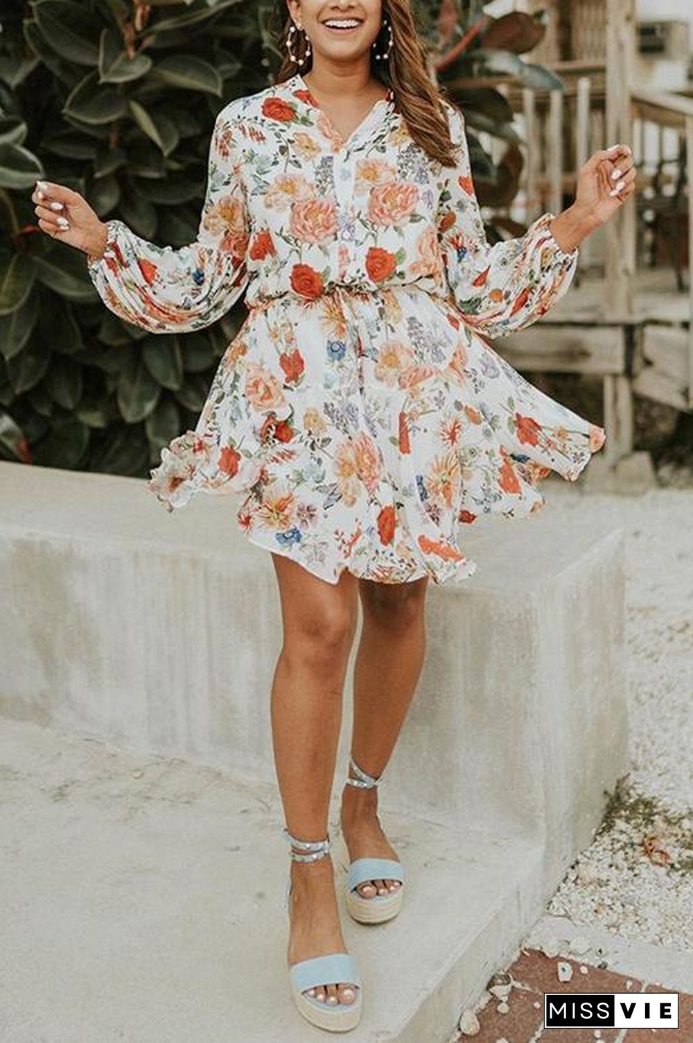 Floral Print Long Sleeve Mini Dress