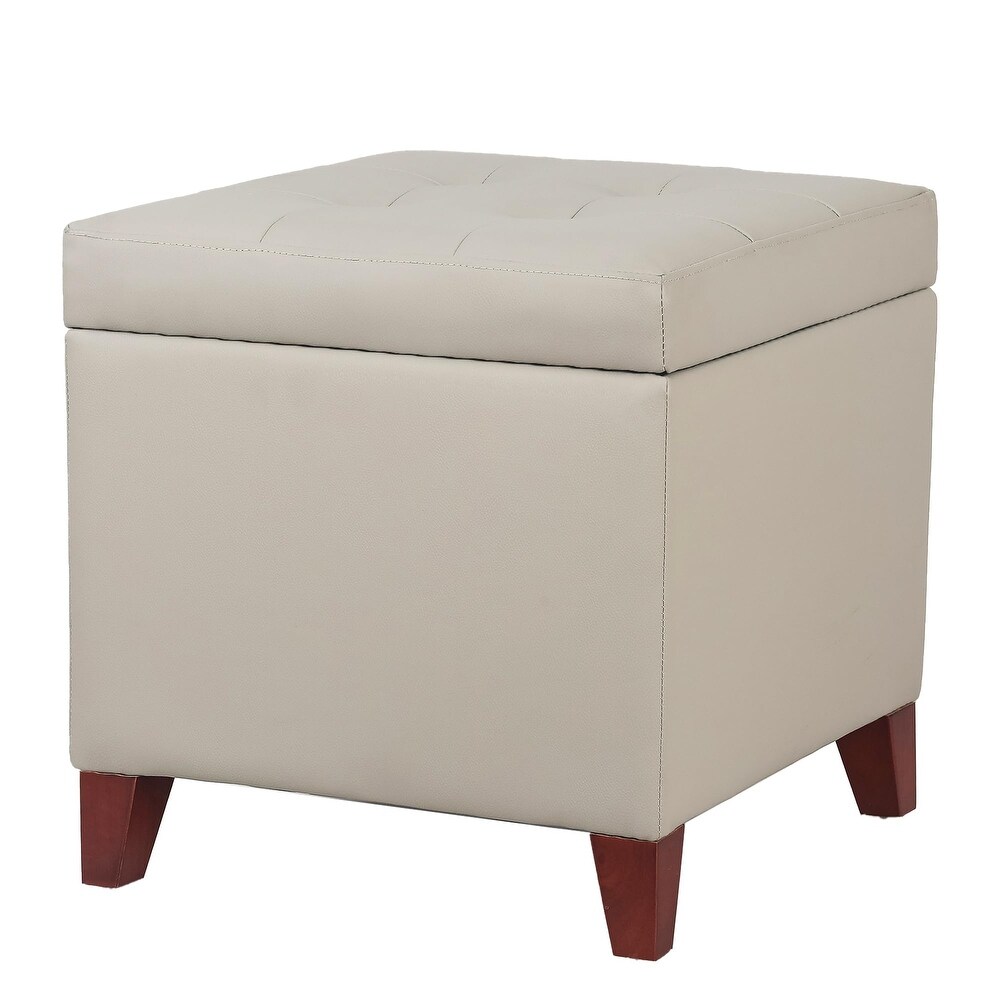 PU Storage Ottoman  Upholstered Square Faux Leather Foot Rest   Flip Top Footstool with Wood Legs  Small Cube Table Extra Seat