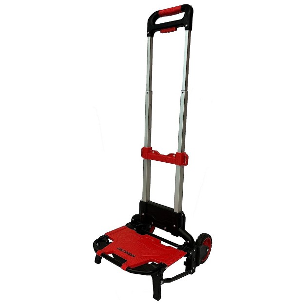 Magna Cart Durable 150 Pound Weight Capacity Foldable Hand Truck Utility Shopping Cart With Wheels And Bungee Cord To Secure Heavy Loads Black red