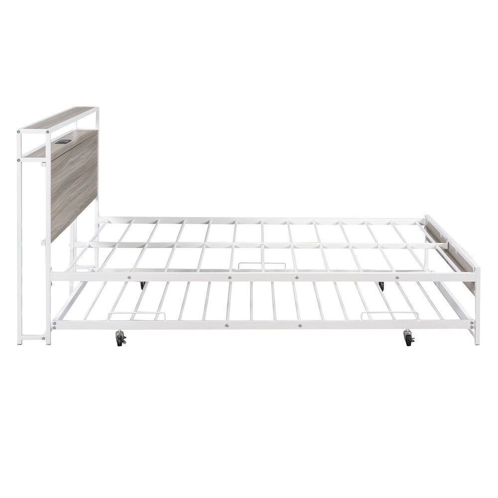 Classic Elegant Full Size Metal Platform Bed Frame with Trundle  USB Ports