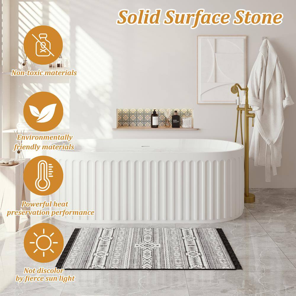 VANITYFUS 67 in. Stone Resin Flatbottom Solid Surface Striped Freestanding Soaking Bathtub in White with Brass Drain VF-21S01103-67