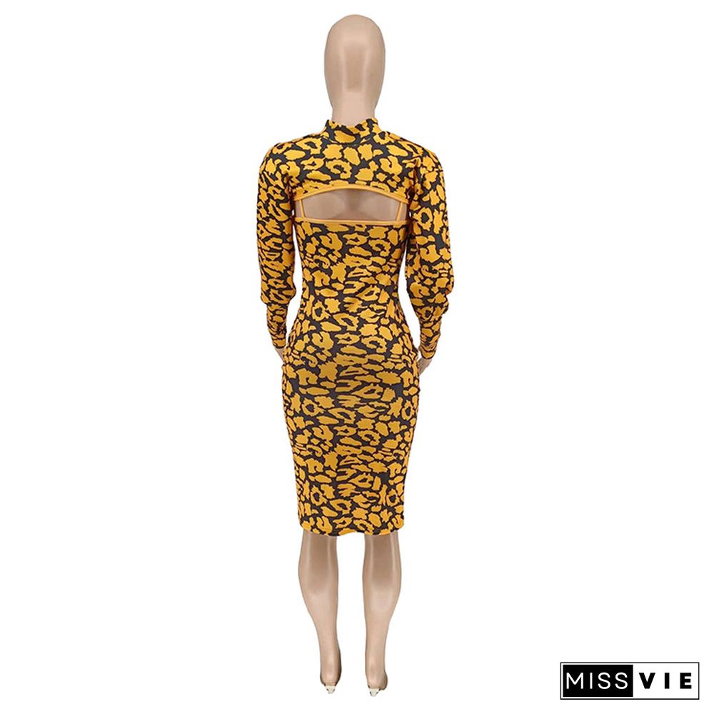 Fashion Leopard Spaghetti Straps Midi Dress+Long Sleeve O Neck Mini Top Women 2 Piece Set