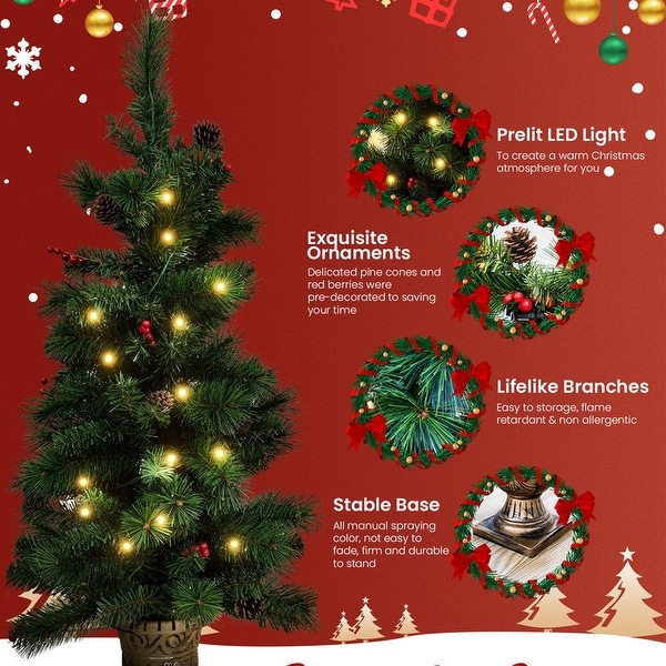 PreLit Holiday Christmas 4Piece Set with LED Lights，Christmas Garlands，Wreath and Set of 2 Entrance Trees