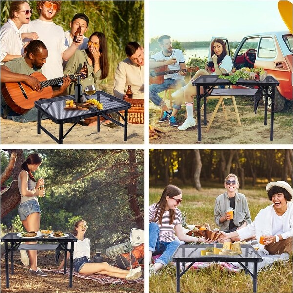 Grill Table，Outdoor Table，Card Table，Portable Grill Table，Adjustable Heights Camping Table with Mesh Bag and Cup Holders