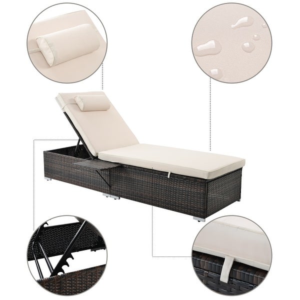 2 Piece Patio Beach Rattan Reclining Chair 6-Angle Adjustable PE Wicker Pool Chaise Lounge with Side Table and Head Pillow