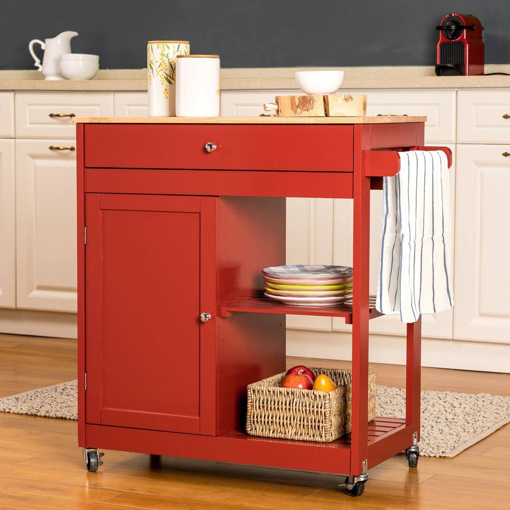 Glitzhome 34.25 in.H Red Wooden Basic Kitchen Island with 1 Drawer+1 Door+2 Tier 2000800009