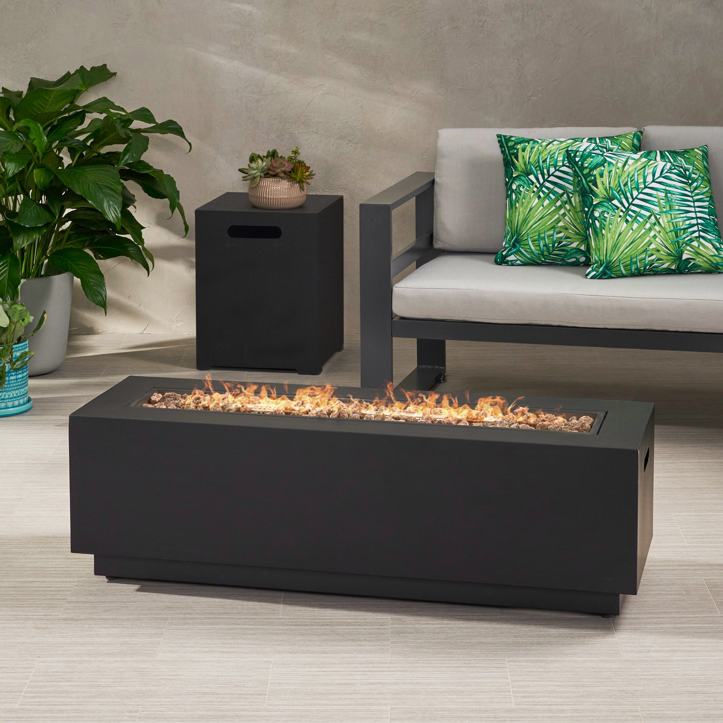 Jasmine Outdoor Dark Gray Iron Rectangular Propane Fire Pit - 50,000 BTU