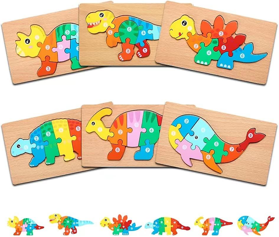 6 Pack Animals Wooden Puzzles For Kids Ages 3-5，cute Dinosaur Whale Toddler Gift Preschool Game Puzzle，cartoon Shapes Numbers Learning Developmental E